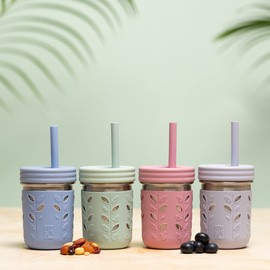 Elk and Friends Stainless Steel Cups | 10 oz Mason Jar design | Kids & Toddler Cups with Silicone Sleeves & Straws with Stopper | Smoothie Cups