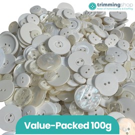 Trimming Shop 100g Classic White & Off-White Buttons – Assorted Flat Craft Button, Cream & Iridescent Tones (11mm–28mm) for Sewing, Dressmaking, Bridal Projects & Crafts