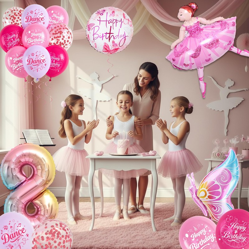 Palloncino decorativo per 8° compleanno, motivo: ballerina, rosa, con numero