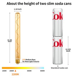 Decoaui E26 T10 12 Inch Long Tubular LED Edison Bulbs, 6W(60W Eqv) 120V, 2200K Ultra Warm Candlelight, Dimmable, Spiral Filament, Amber Glass, 1 Ft Long Bulbs Tube, Vintage Decorative Lighting, 2 Pack