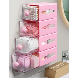 MKOSAB Qtip Holder,4 Pack Bathroom Organizer for Cotton Swabs,Balls,Pads, Floss, Hair Ties,Mini Q-tip Dispenser for Dorm,Office Storage,Vanity Accessories Home Decor,Wall Mounted No Drill (Pink-4)