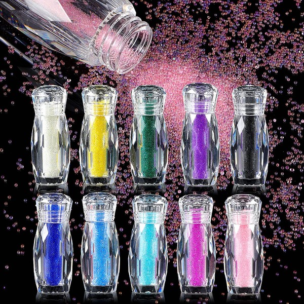 10 Bottles Caviar Beads for Nails Micro Nail Pixie Crystals Colorful Micro Caviar Strass Glass Nail Beads Multicolor arte de uñas 3D Decorations Micro Nail Caviar Pixie Crystals for Nails DIY