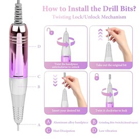 Baomifa Drill para Uñas Profesional 35000 RPM, Velocidad Ajustable Torno Portátil para Uñas con 6 Tipos Cabezales de Lijado para Uñas Profesional Mani