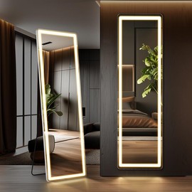 furnishflex 3 Color Lighting Mirror with LED Lights, 64"x21" Lighted Floor Standing Mirror with Stand, Wall Mounted Hanging - Color: Right angles/16'60
