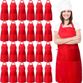JaGely 24 Pack Adjustable Bib Apron with 2 Pockets Black Aprons Bulk for Server Adult Women Kitchen Apron Water Oil Resistant(Red)