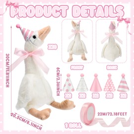 Halloscume 10 Set One Silly Goose Baby Shower Party Favors 15.7'' Swan Stuffed Animal Plush White Animal Toy and Mini Birthday Party Hats with Pink Satin Ribbon Bow for Adopt a Goose Birthday Gifts