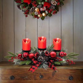 27.5-Inch Christmas Table Centerpiece with Candle Holders, Red Berries, and Pine Cones