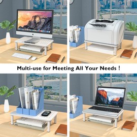 BONTEC 2 Pack Monitor Stand Riser, Computer Monitor Riser Stand with Mesh Platform for Laptop, Computer, iMac, PC up to 55LBs with Pen Holder, Cable Management Slot, White