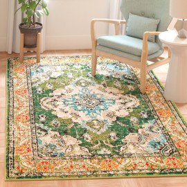 SAFAVIEH Monaco Collection Area Rug - 10' Square, Forest Green & Light Blue, Medallion Distressed Design, Non-Shedding & Easy Care, Ideal for High Traffic Areas in Living Room, Bedroom (MNC243F)