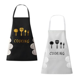 Lollanda 2Pcs Kitchen Aprons for Women with Pockets, Women Kitchen Apron, Black Cooking Aprons for Women Men, Couple Aprons Set for Cooking, Baking, Painting, Housework (Black*Beige)