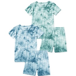 Jimonda Kids Soft Rayon From Bamboo Sleepwear Short Sleeve Boys Girls Pajama Outdoor 4-Piece tops&shorts Casual sets Tie Dye PJ(Blue&Green,7-8Y)