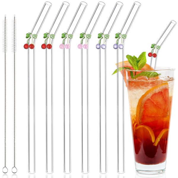 BIEOFFEI 6 Pack Reusable Glass Straws with Colorful Cherry Charms