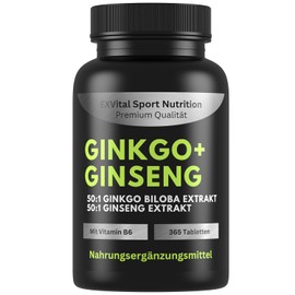EXVital Ginkgo + Ginseng, 365 Tablets, 50:1 Plant Extracts, High Dose - Ginkgo Biloba & Korean Ginseng - Laboratory Tested - Vegan