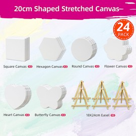 24Pack Stretched Canvas for Painting, 100% Cotton Art Canvases with Easel for Painting, 5/8 Inch Profile 8 Ounce Acid-Free Painting Canvas Supplies for Acrylics,Oils & Other Painting Media - 20cm