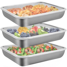 PBUSPU Pack of 3 Food Storage Boxes, Food Storage Container with Lid, Freezer Container, Stackable Stainless Steel Box with Locking Lid, Suitable for Storing Cheese, Meat, Fruit