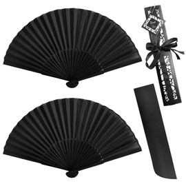 2Pcs Black Silk Folding Fans with Cases & Bags Small Classic Handheld Fan 8.2in Hand Held Bamboo Fabric Chinese Vintage Hand Fans for Women Lady Girl Performance Wedding Cosplay Decorations Party
