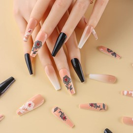 3D Rose Flowers Butterfly Press On Long False Nails Medium Length Square Full Cover Acrylic Fake Nails Removable Ballerina Nails for Nail Salons and Home DIY Nail Art 24PCS (FDJ-ZH06 Black)