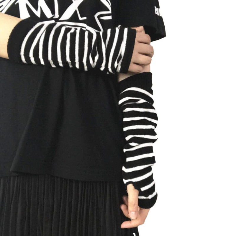 Ro Rox Gothic Striped Arm Warmers Fingerless Thumb Hole Elbow
