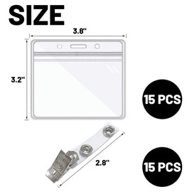 15 Pack Clear Card Holder with Clip, Badge Holder, Badge Holder, Resealable Zipper, Plastic Pocket Clip for ID Cards, Double Hanging Hole