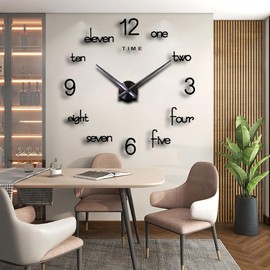 DIY 3D Wall Clock Large Frameless Watch Mirror Surface Wall Art Clock for Living Room Bedroom Office Hotel Wall Decoration (DIYL185-Black)