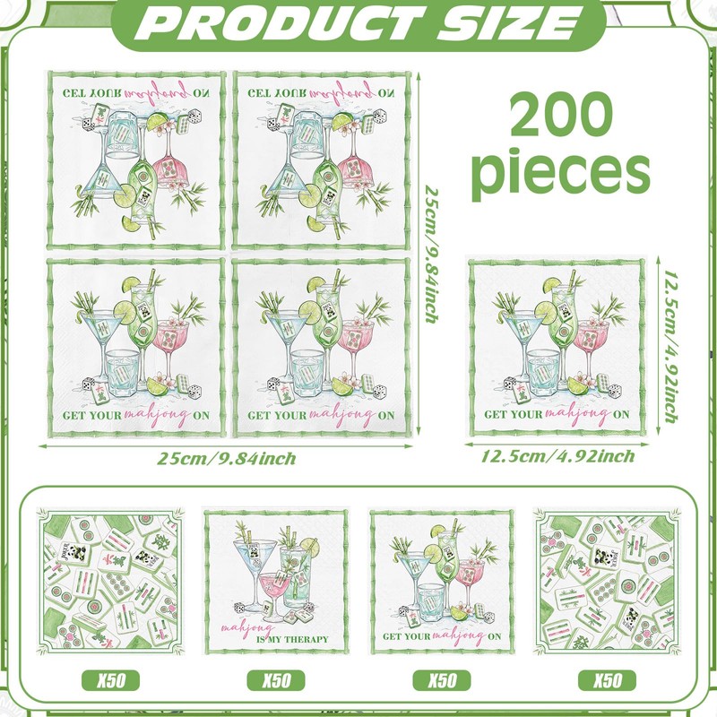 200 Pieces Mahjong Cocktail Napkins Disposable 4 Style 10" x
