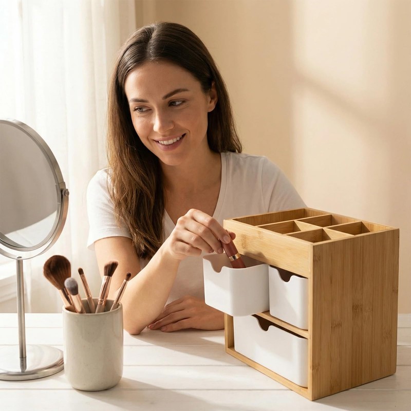 Ninebendstreams Small Bamboo Makeup Organizer（5.7" D x 8" W x
