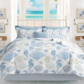 Coastal Bedding Queen Size Coastal Quilt with 2 Shams, Nautical Bedding Beach Comforter Sets Ocean Bedspreads Blue Seahorse Coverlet Summer Bedding, 106''x118''