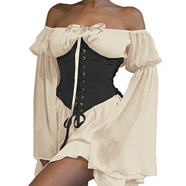 ETATNG Womens Two Piece Outfits Lace Up Corset Dress Off Shoulder Bell Sleeve Casual Party Mini Bustier Dress Beige M