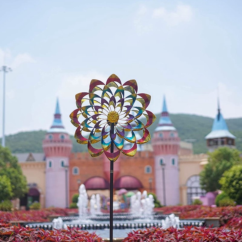 Outdoor 3D Windmill Colourful Exquisite Metal Wind Spinner with Ground