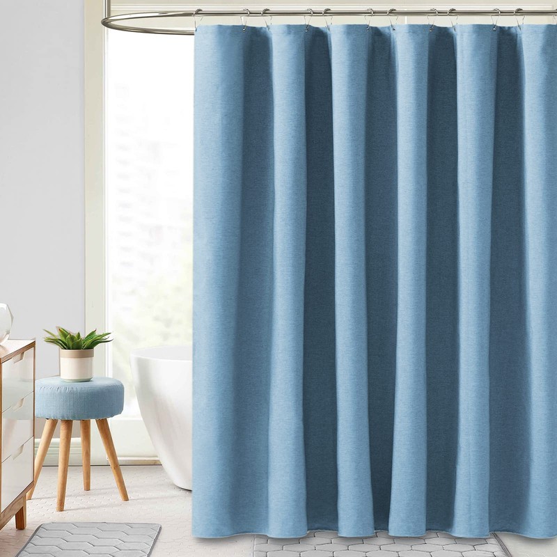 BTTN 78 Inch Long Shower Curtain - Blue Linen Textured