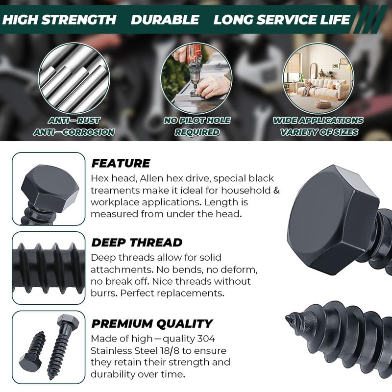 1/4 x 1-1/4" Black Hex Head Lag Screws Bolts (20