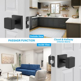 naubea Black Door Knob, Passage Door Knobs for Closet Hallway, Square Modern Matte Black Interior Door Handle, Heavy Duty Design