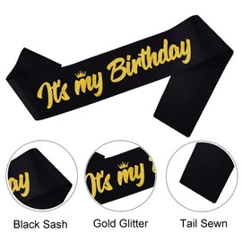 FSJJLLU ‘It's My Birthday' Birthday Sash Black with Glitter Gold Letters-Birthday Sash for Women or Men, 21st 30th 40th 50th 60th Birthday Sash