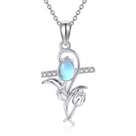 JERWLI Tulip Cross Necklace Women's Moonstone Tulip Chain Silver 925 Flowers Cross Jewellery Gifts for Girls Mother Grandma, Sterling Silver, Moonstone