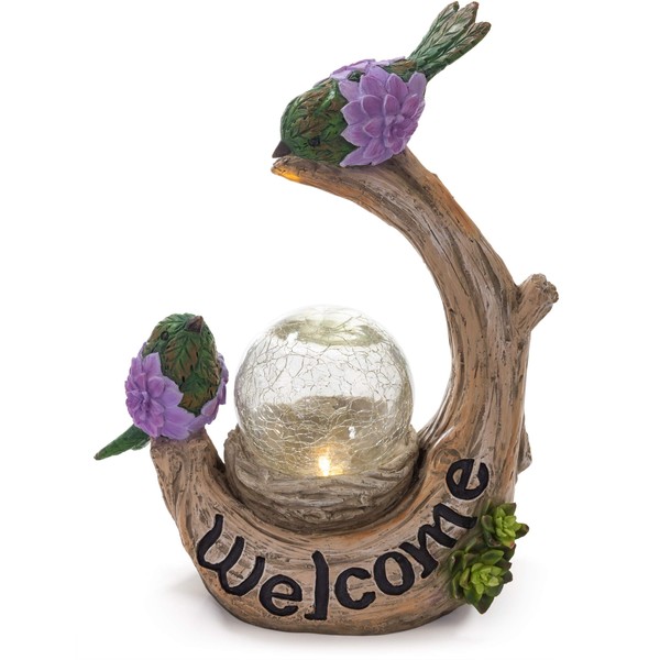 VP Home Welcome Birds Tree Trunk Solar Powered LED Outdoor Decor Garden Light with Crackled Glass Globe Welcome Birds Statues Outdoor Bird Decor Figurine Decor for Outside Patio, Yard, Lawn