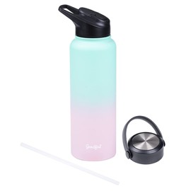 Goodful Double Wall Vacuum Sealed, Insulated Water Bottle with Two Interchangeable Lids, Sipping or Chugging Lids, Leak-Proof, Wide Mouth for Drinking and Cleaning, 40 Oz, Ombre Pink/Blue