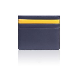 SLG Lucen Ultra Slim Handcrafted Calf Leather Card Wallet for Men and Women – Minimalist Design with Elegant Dual Color Accent, Holds Cash and Cards (Navy/Yellow)