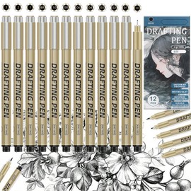 Barlone 12 Fineliner Black Pens Set, Calligraphy Pens, Black Fineliner, Waterproof Drawing Pencils, Thick and Thin, Ink Pens for Illustrations, Sketching, Technical Drawing