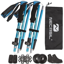 MULTIONS 2本セット 登山ストック 折りたたみ式5節 長さ調整可能 登山用ストック 軽量アルミ製 航空機品質 ウォーキングポール 登山杖 高強度 滑り止め 男女兼用 軽量アルミ製 登山用スティック 徒歩 遠足 収納ケース付属品付き (青)