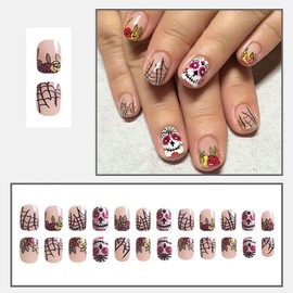 Day of the Dead Press on Nails Short Square Fake Nails with Sugar Skull Spider Web Nails Press ons Nude Pink Glossy Acrylic Nails Full Cover Stick on Nails for Women Girls DIY Nail Decoration 24Pcs