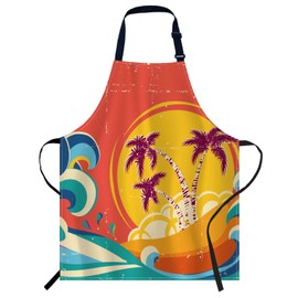 oFloral Hawaii Beach, Vintage palm tree sun Tropical Island Giant Wave Bib Apron with Adjustable Neck for Men Women,Suitable for Home Kitchen Cooking Waitress Chef Grill Bistro Baking BBQ Apron