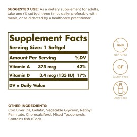 Solgar Cod Liver Oil 250 Count Vitamins A D Gluten Free Nutritional Supplement