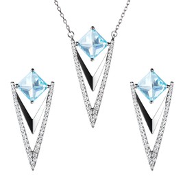 Franki Baker Art Deco Style Sterling Silver Aquamarine Crystal Drop Earrings & Pendant Necklace Set.