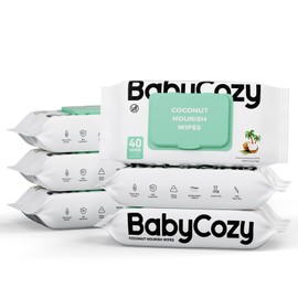 Baby Wipes, Cleansing & Moisturizing 2-in-1 Babycozy Sensitive, 100% Plant Fiber & Biodegradable, Hypoallergenic Baby Coconut Wipes Moisturize Every Cleanse, 240 count (6 pack)