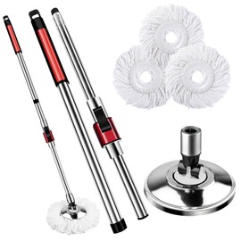 Spin Mop Replacement Handle， 360° Swivel Adjustable, 2 Reinforced Locking Telescopic Rods + 3 Reusable Microfiber Mop Refills + 1 Stainless Steel Tray for Multi-Scenario Cleaning Mop in Home Kitchen