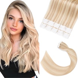 Elailite Tape in Hair Extensions Real Human Hair 40 Pcs Balayage - Seamless Skin Weft Remy Long Hair Extension (#18/613 Ash Blonde Mix Bleach Blonde, 22 Inch-100g)