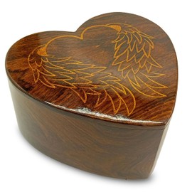 Wooden Heart Shape Angel Wings Engraved Keepsake Urn –Cremation Urn for Human Ashes Adult Female, Male -Handmade Wooden Urns for Human/Pet Ashes Adult | Wooden Cremation urn