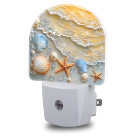 FOISIIAEA Night Light, Seashells and Seastars on Beach Night Lights Plug into Wall Dusk to Dawn Sensor Round Nightlight for Women Men Energy Efficient Led Lamp 0.5W for Stairway Hallway Bedroom