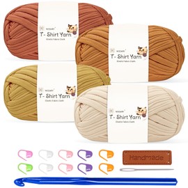 T Shirt Yarn for Crocheting 100gx4 Chunky Crochet Yarn Elastic Fabric Set with 10mm Hook and Accessories – Ideal for DIY Bags, Blankets, Baskets and Home Decor Projects (4-Yellow)