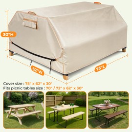 Patio Picnic Table Cover Waterproof, 70 / 72 Inch Patio Picnic Table Bench Cover, Heavy Duty 420D Oxford Fabric Anti UV Windproof with Adjustable Straps Air Vent, Fits 6 FT Picnic Tables, Khaki